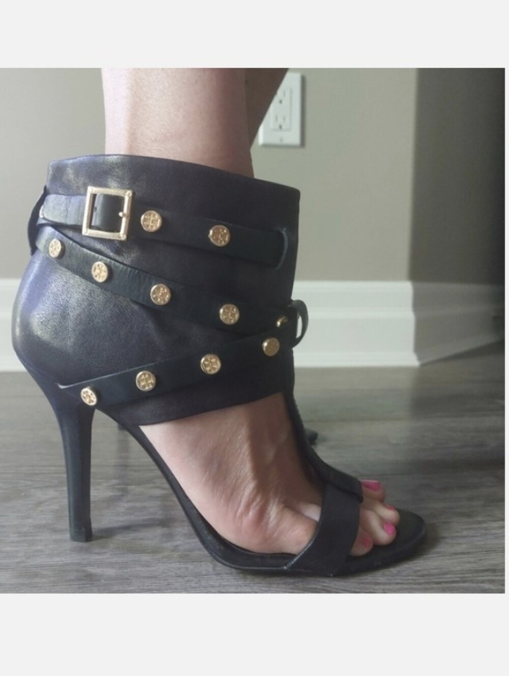 Tory Burch T black leather stiletto strappy heel pumps with gold TB stud accents